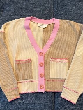 Anthropologie Beige & Pink Colorblock Cropped Cardigan